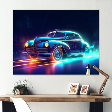 Neon Light Strips Around Indigo Vintage Car - Car Vintage Canvas Wall Art